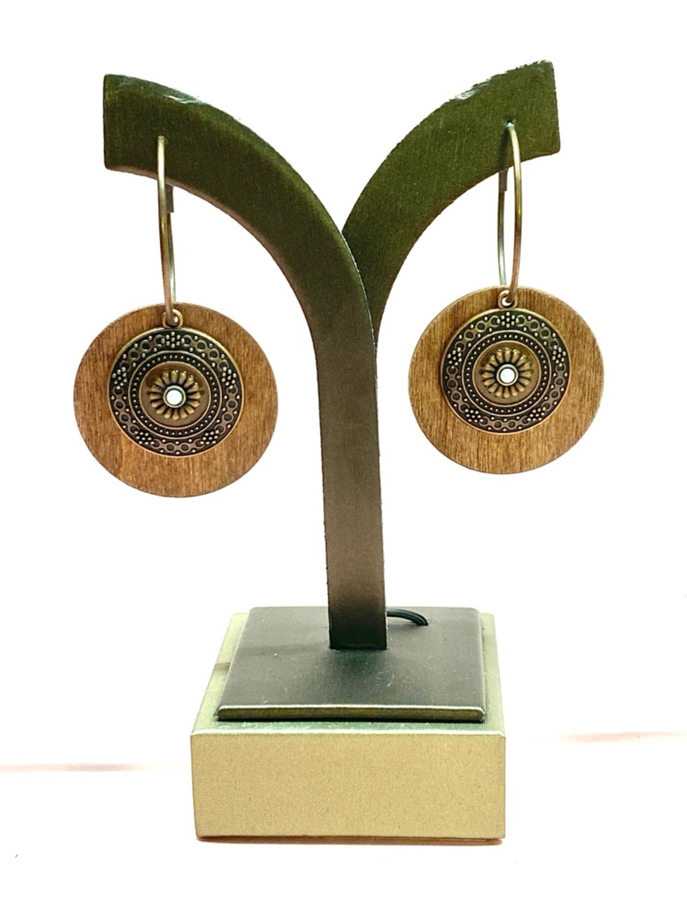 Wooden Disc Drop Earrings with Antique Brass Medallion - NWOT